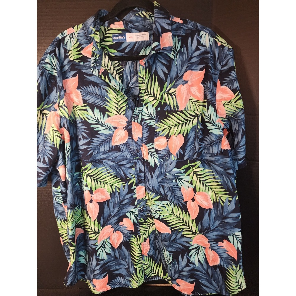 Old Navy Mens XXL Everyday Shirt Built-In Flex Floral Tropical Button Down Navy